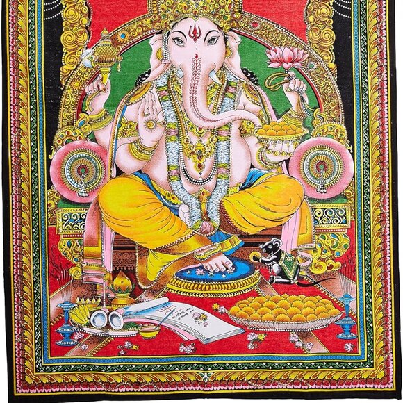 Lord Ganesha Deity Sequin Tapestry Indian God Batik Cotton Wall Hanging 43"x30" - Picture 5 of 6